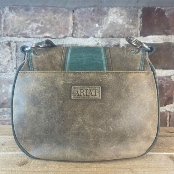 Ariat Western Teal Blue & Brown Leather Shoulder Bag Purse With Buckle Flap Clos - Picture 2 of 9